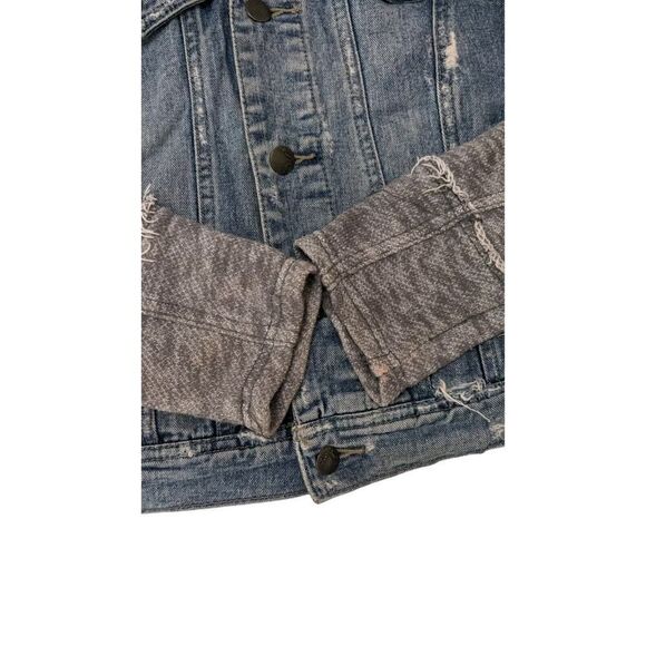 Free People Distressed Denim Jean Jacket Knit Sleeves Removable Hood Small - Picture 4 of 10